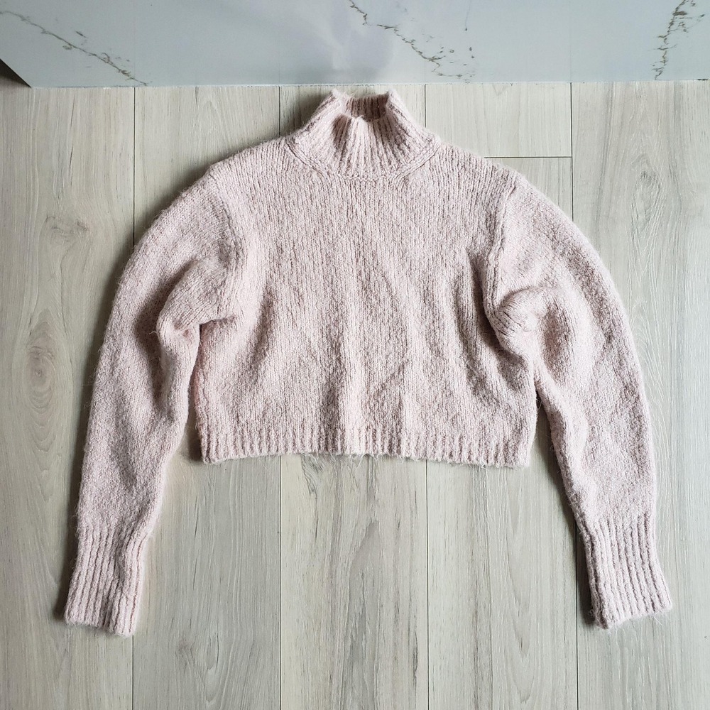 Zara Sweater Womens S Pink Chunky Knit Mock Neck Long Sleeve Cropped Pullover
